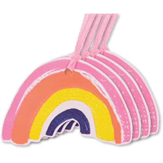 Set of four colorful Glick Rainbow gift tags by GLK with playful rainbow designs, perfect for birthday gift wrapping.