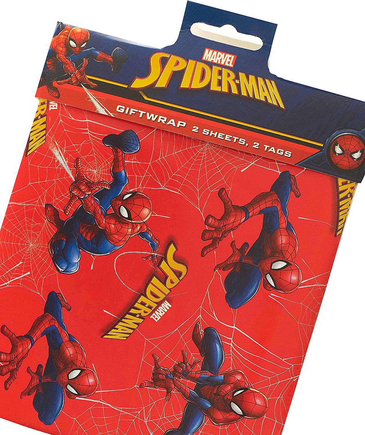 Marvel Spider-Man gift wrapping paper with 2 sheets and 2 tags, featuring colorful superhero Spider-Man designs for gift wrapping.
