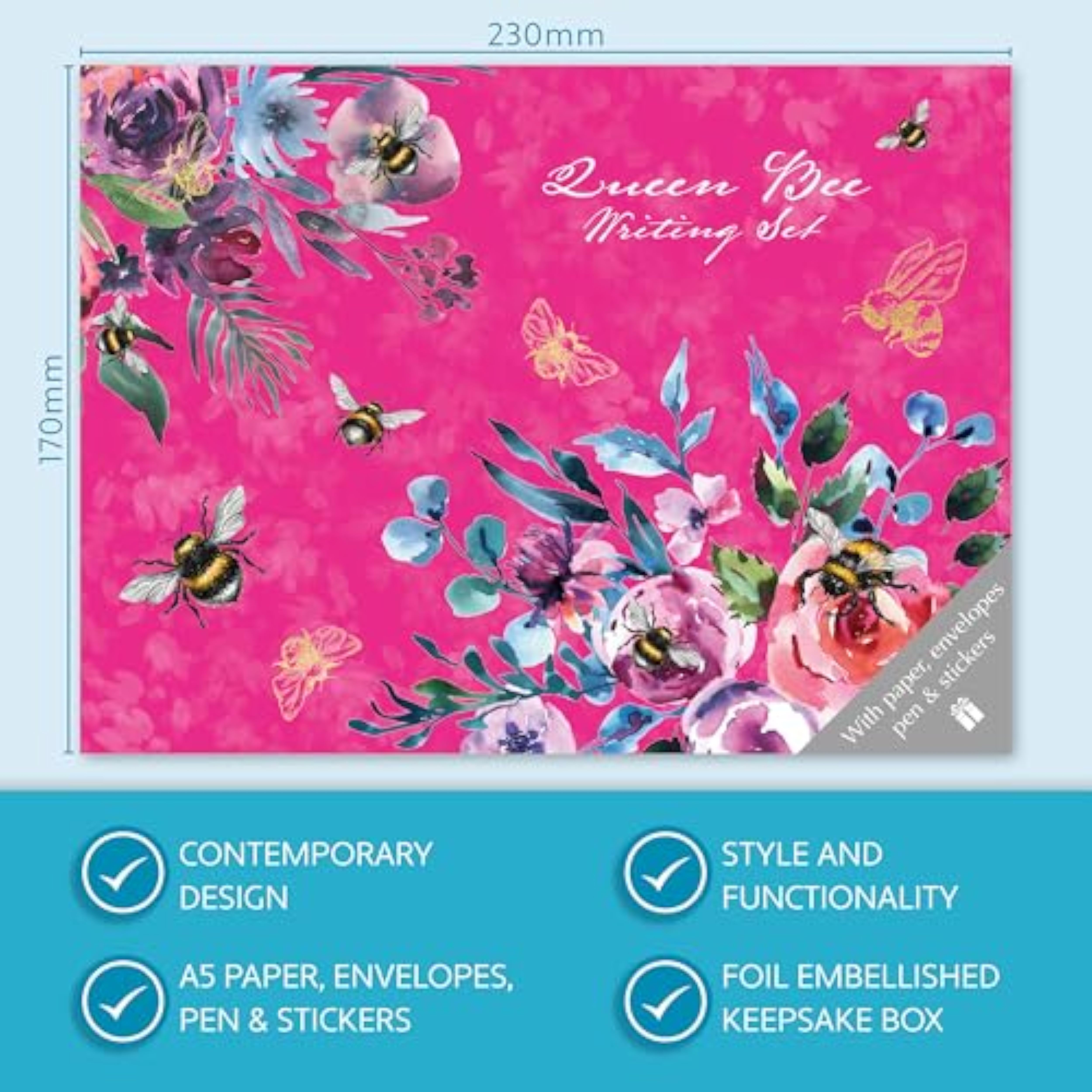 GSC Queen Bee Gifted stationery letter writing set with floral designs, featuring matching notecards and envelopes for elegant correspondence.