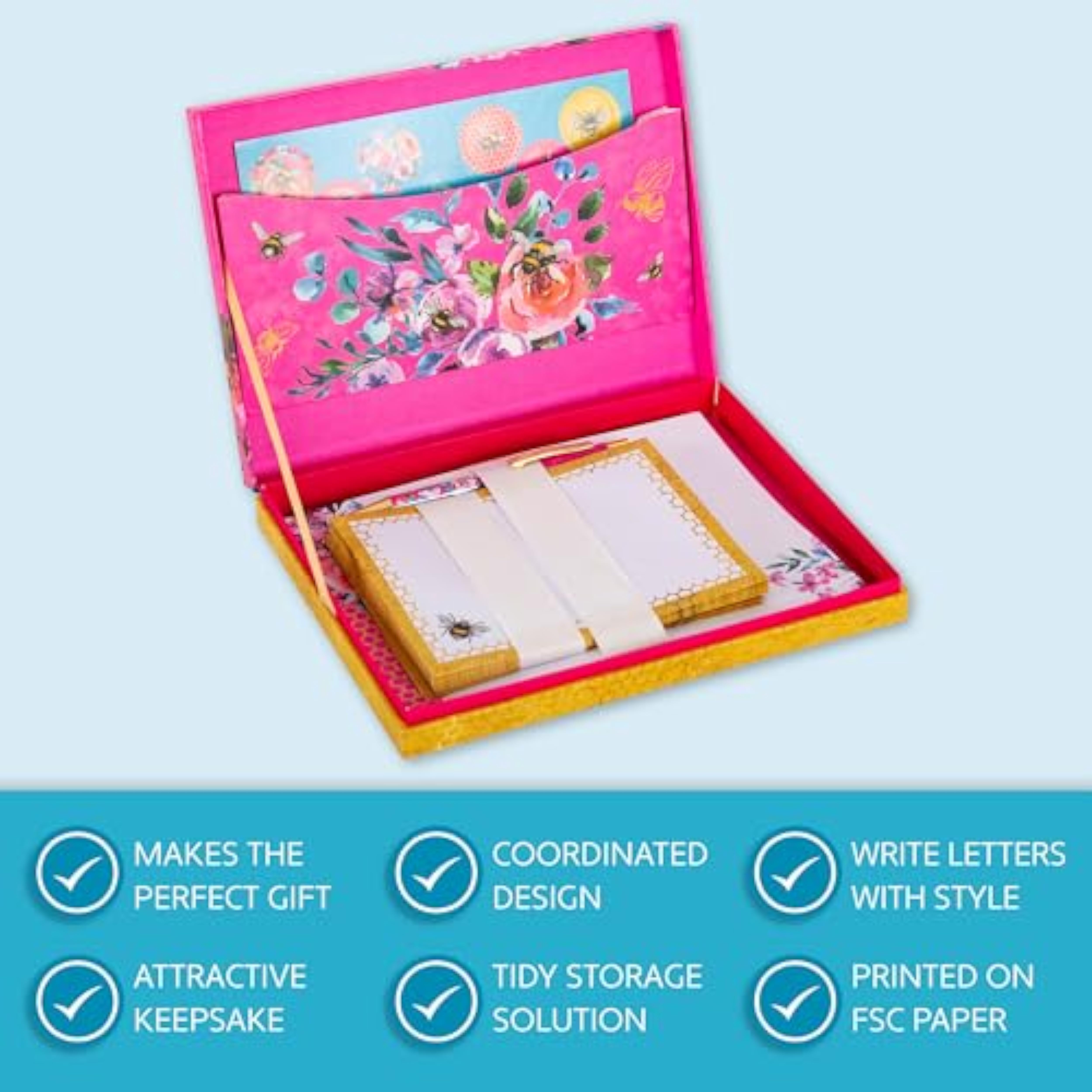 GSC Queen Bee Gifted stationery letter writing set with floral designs, includes envelopes and writing paper for elegant correspondence.