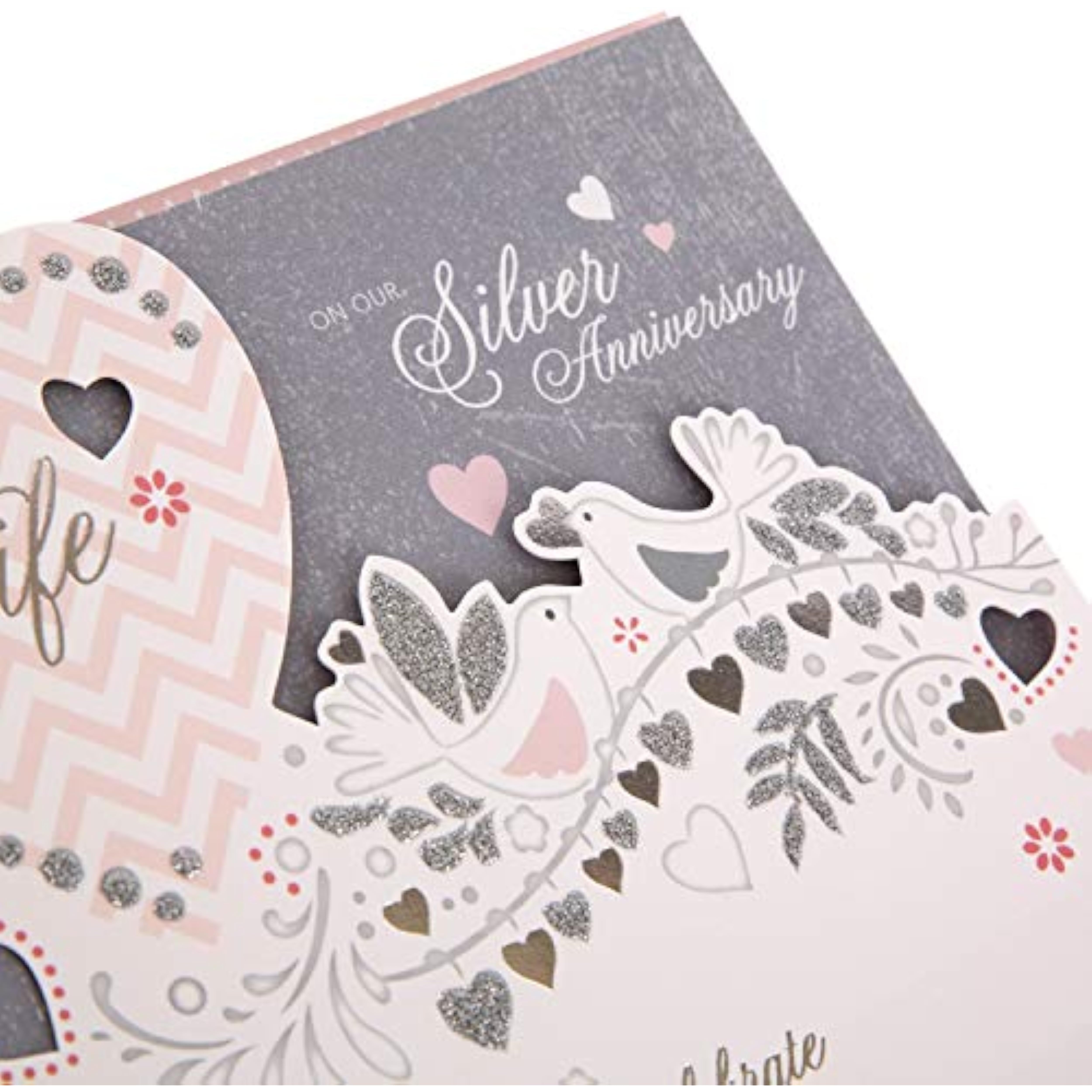 Silver anniversary card by Hallmark with glitter finish and heartfelt message for wife, celebrating 25 years of marriage.