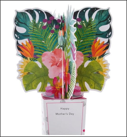 Colorful 3D tropical flowers pop-up Mother's Day card with vibrant floral design by Hallmark.