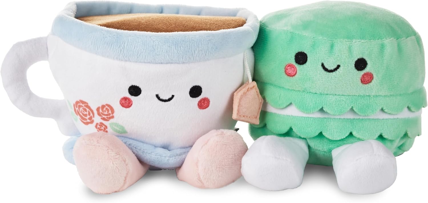 Hallmark Better Together tea and macaron soft toy set featuring a cute tea cup and colorful macaron plush toys.