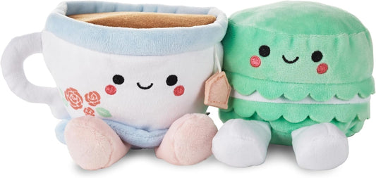 Hallmark Better Together tea and macaron soft toy set featuring a cute tea cup and colorful macaron plush toys.