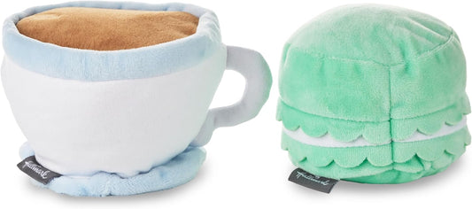 Hallmark Better Together tea and macaron soft toy set with plush tea cup and colorful macarons for cuddly gift display.