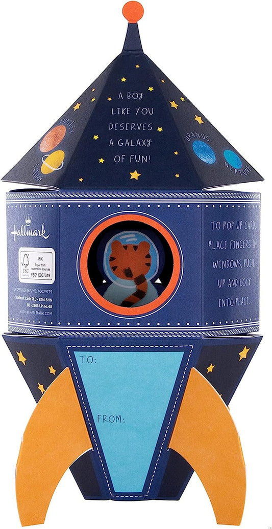 Hallmark Blast Off 3rd Birthday pop-out card with colorful space-themed design and festive birthday message inside