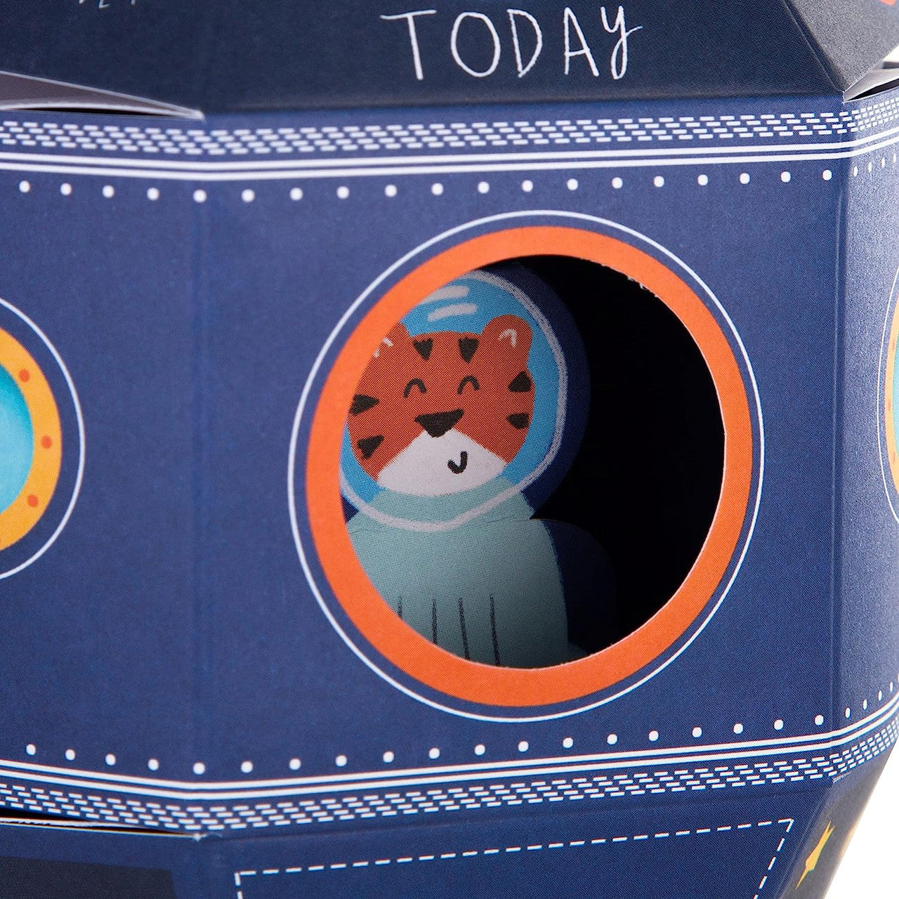 Hallmark Blast Off 3rd Birthday pop-out card with colorful space-themed design and playful rocket illustrations.