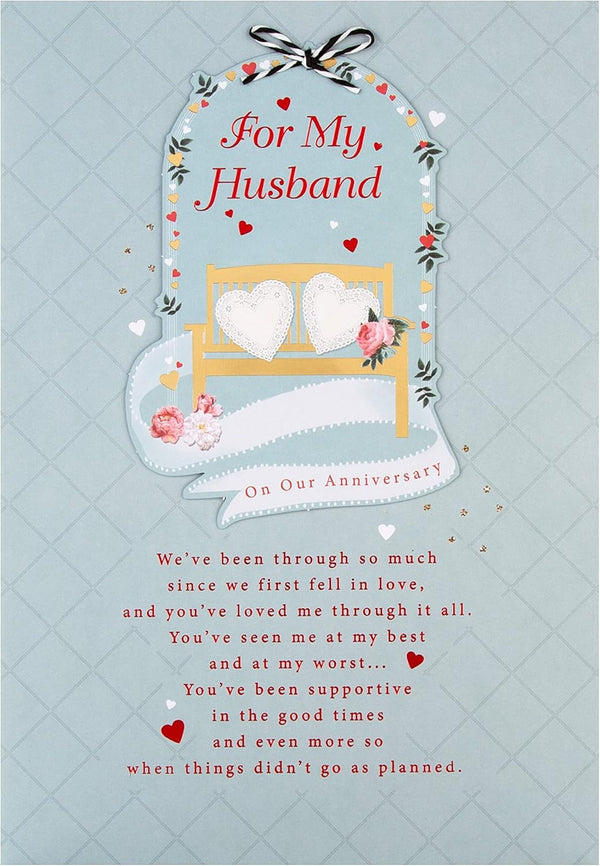 Hallmark anniversary card for husband featuring classic illustrated design with heartfelt verse and romantic imagery.
