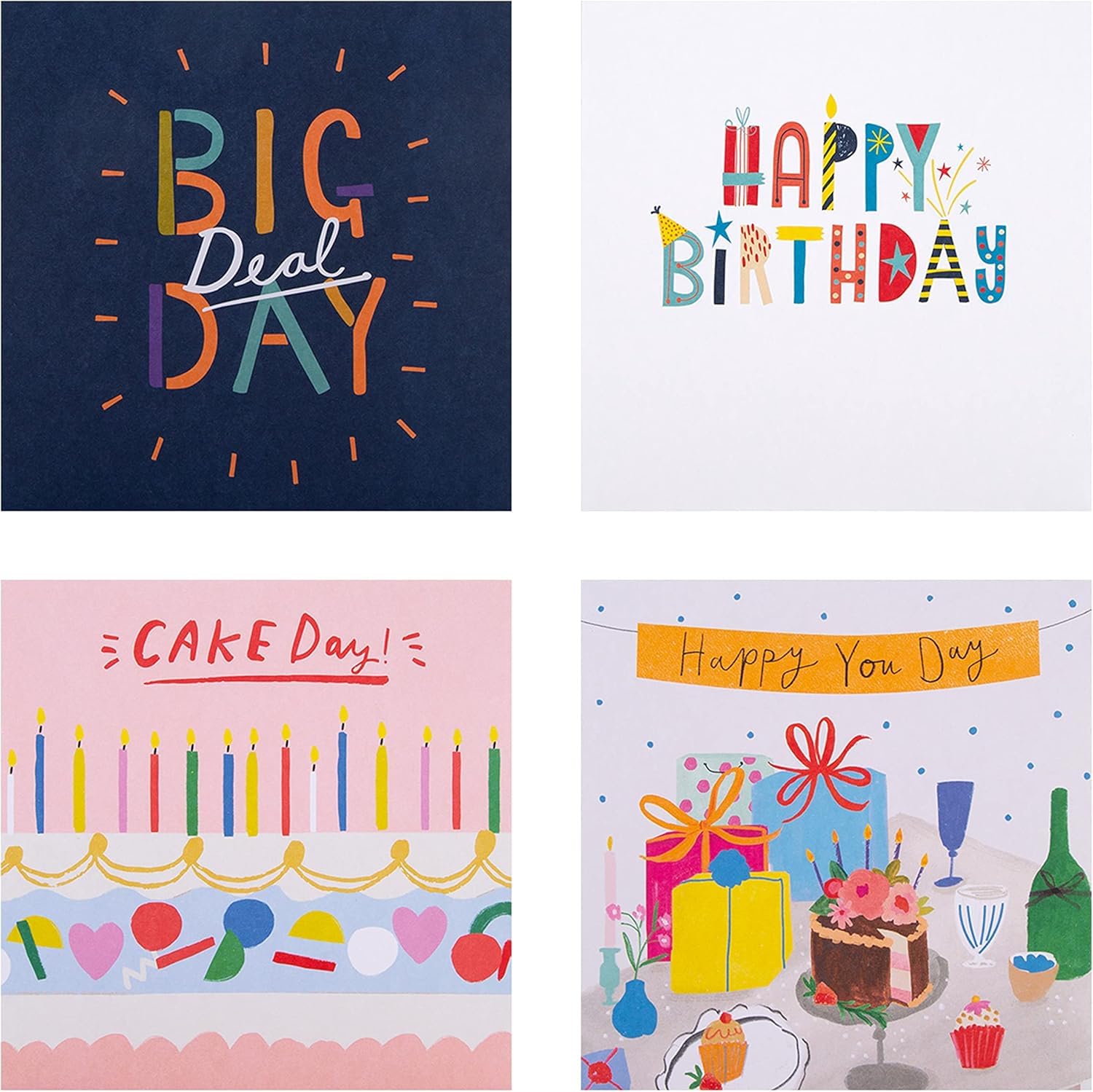 Set of 20 colorful Hallmark birthday cards in four vibrant designs, perfect for celebrating special occasions.
