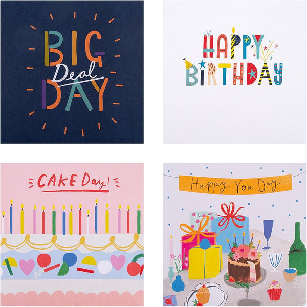 Set of 20 colorful Hallmark birthday cards in four vibrant designs, perfect for celebrating special occasions.
