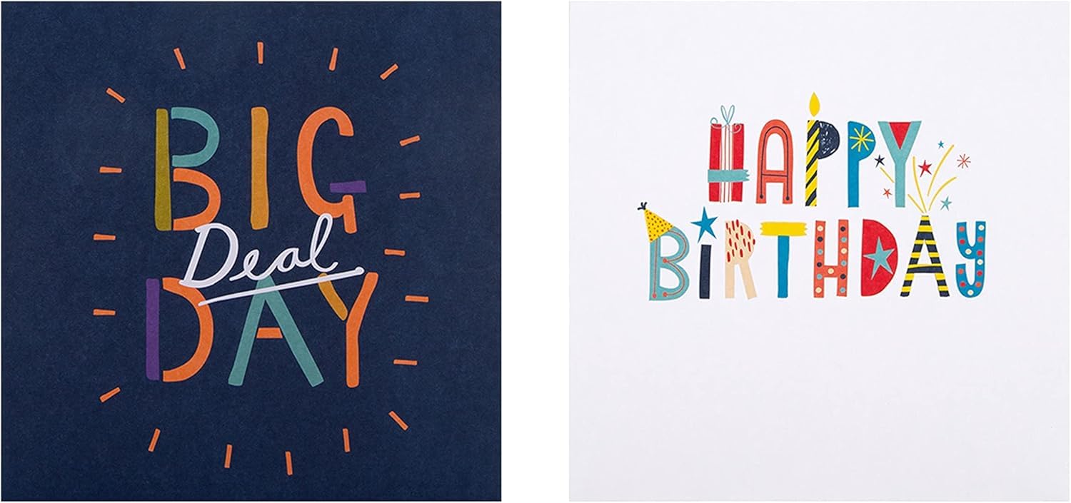 Set of 20 colorful Hallmark birthday cards in four vibrant designs, perfect for celebrating special occasions.