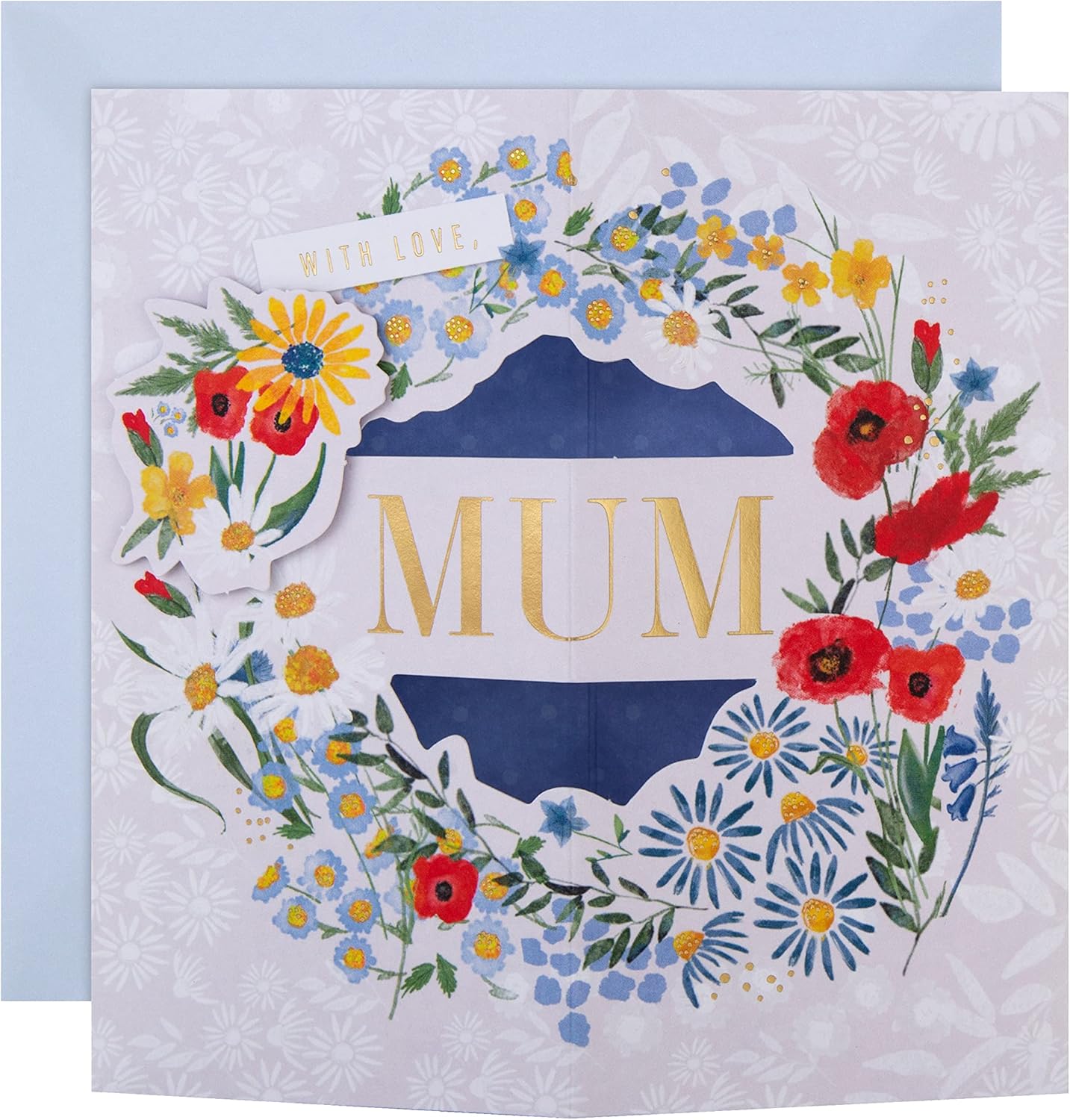 Hallmark Pop-Up 3D flower wreath Mother’s Day card with vibrant floral design and elegant greeting inside.