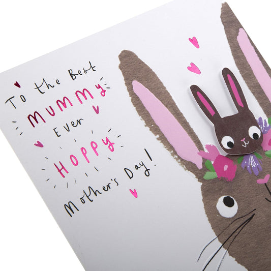 Hallmark "To The Best Mummy Ever" Mother's Day card with a cute bunny illustration and colorful floral accents.