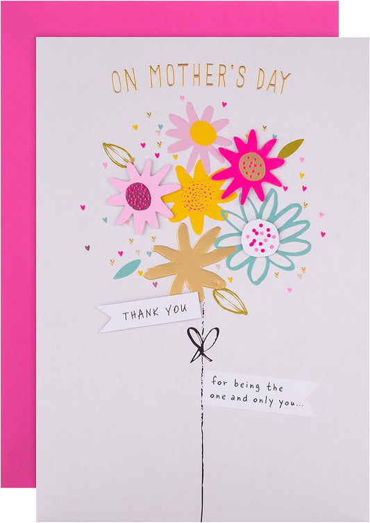 Hallmark vibrant floral bouquet Mother’s Day card with bright, colorful flowers and heartfelt greeting on the front.