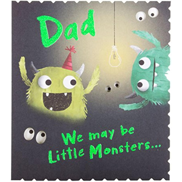 Hallmark Little Monsters Father’s Day Card with glitter finish, featuring colorful cartoon monsters and heartfelt message for dads.