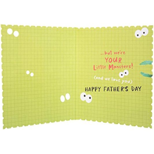 Hallmark Little Monsters Father's Day Card with glitter finish featuring colorful monster illustrations for dad.