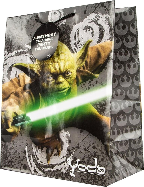 Hallmark Star Wars Yoda large gift bag featuring Yoda's face and green design for themed gift wrapping.