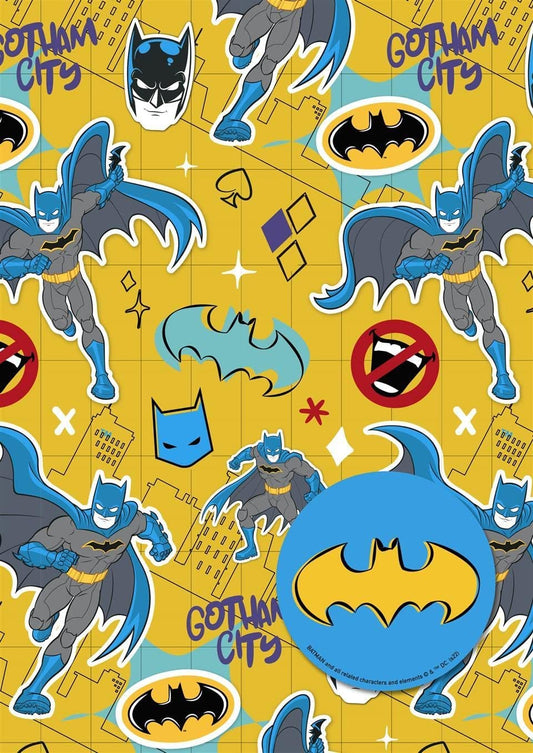 Hallmark Batman gift wrap with two sheets and two matching gift tags, featuring iconic Batman graphics and dark superhero-themed design.