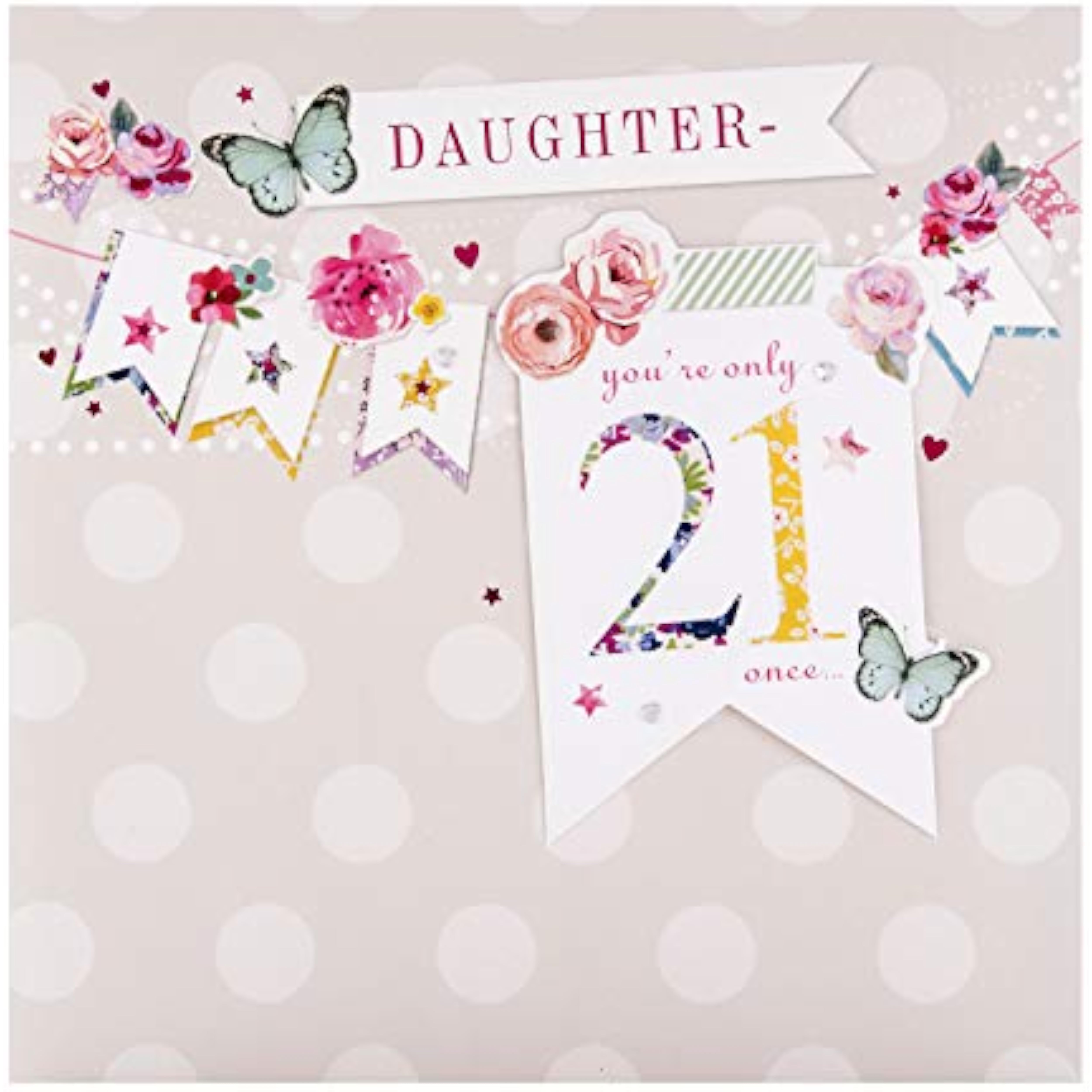 Hallmark 21st Daughter greeting card with elegant bunting birthday design and heartfelt message inside.