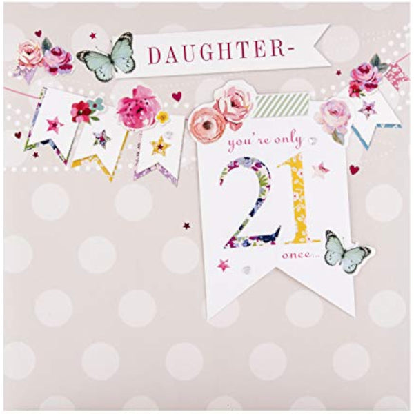 Hallmark 21st Daughter greeting card with elegant bunting birthday design and heartfelt message inside.
