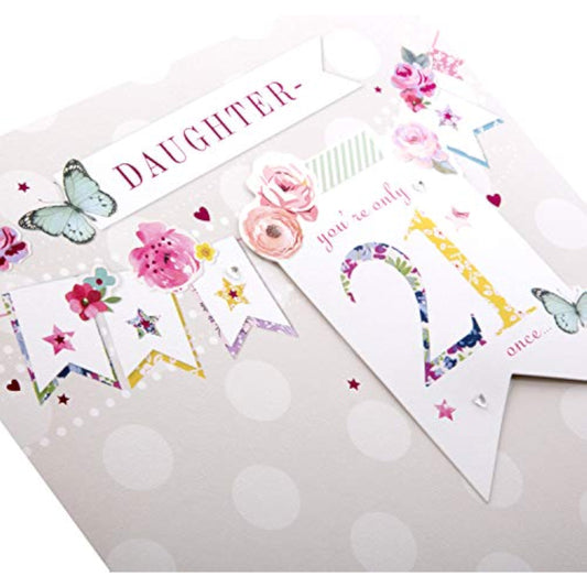 Hallmark 21st Daughter birthday greeting card with elegant bunting design and festive decorations.