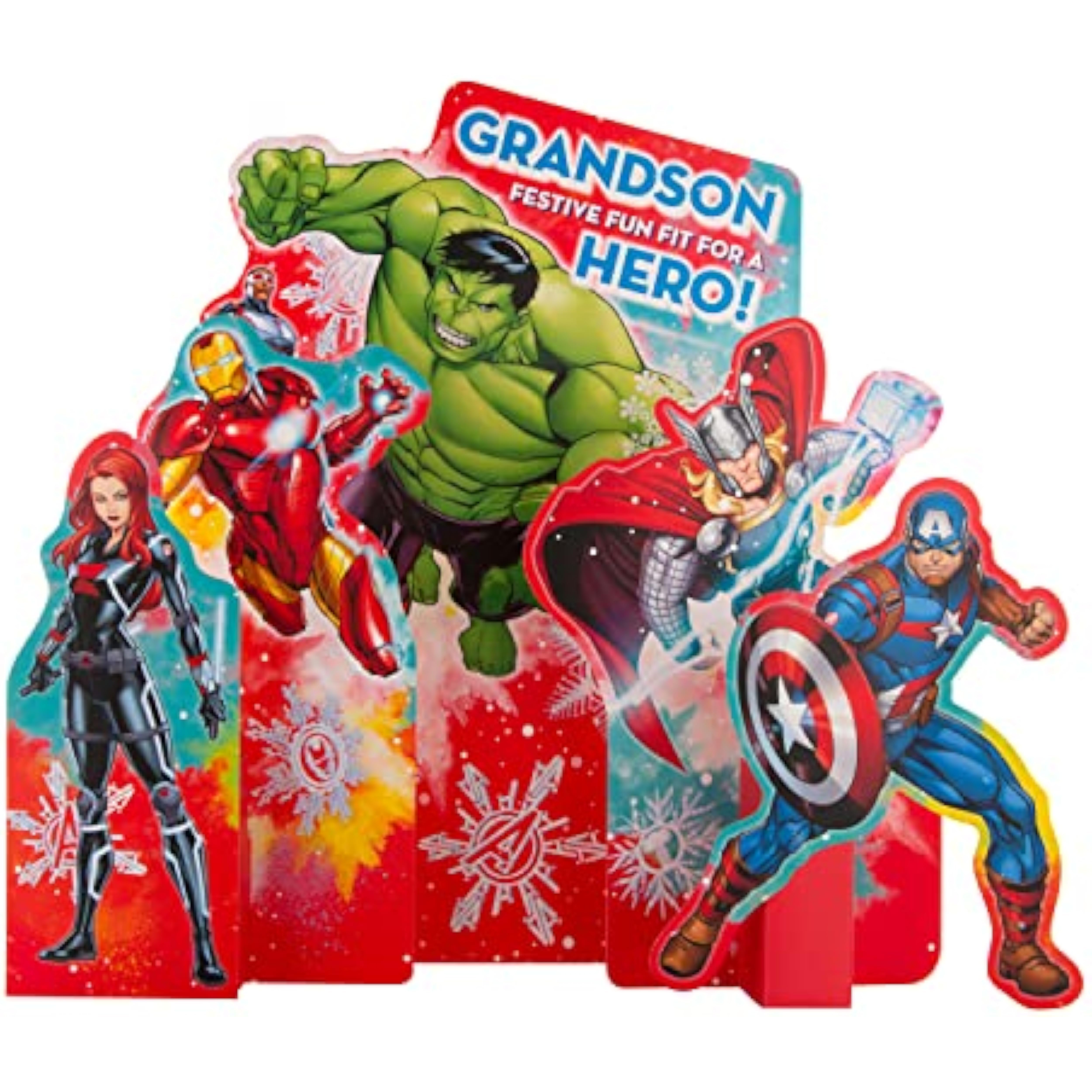 Hallmark 3D Avengers Grandson Christmas Card featuring epic heroes and festive holiday design, perfect for young Marvel fans.