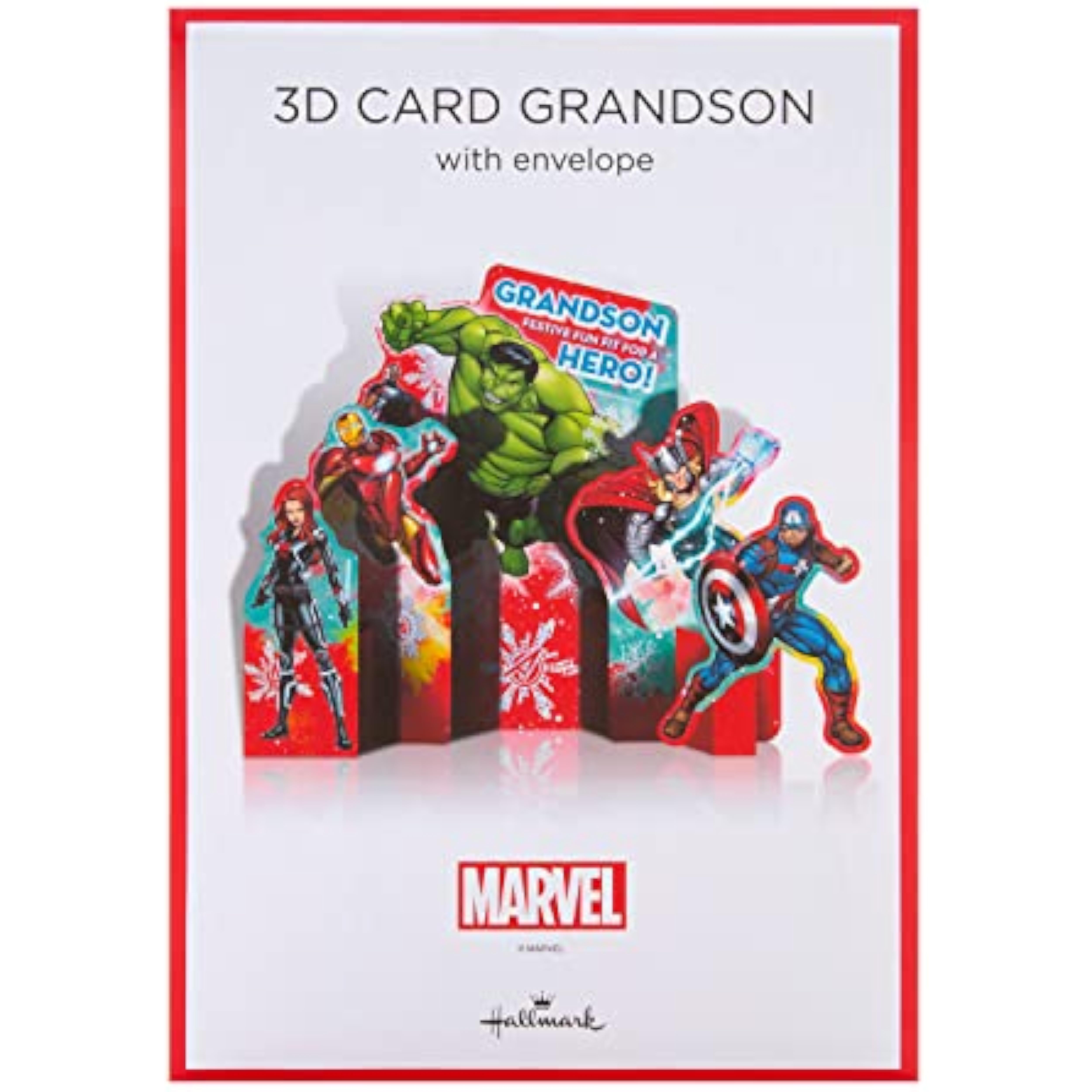Hallmark 3D Avengers Grandson Christmas greeting card featuring epic superhero heroes in a festive holiday scene.
