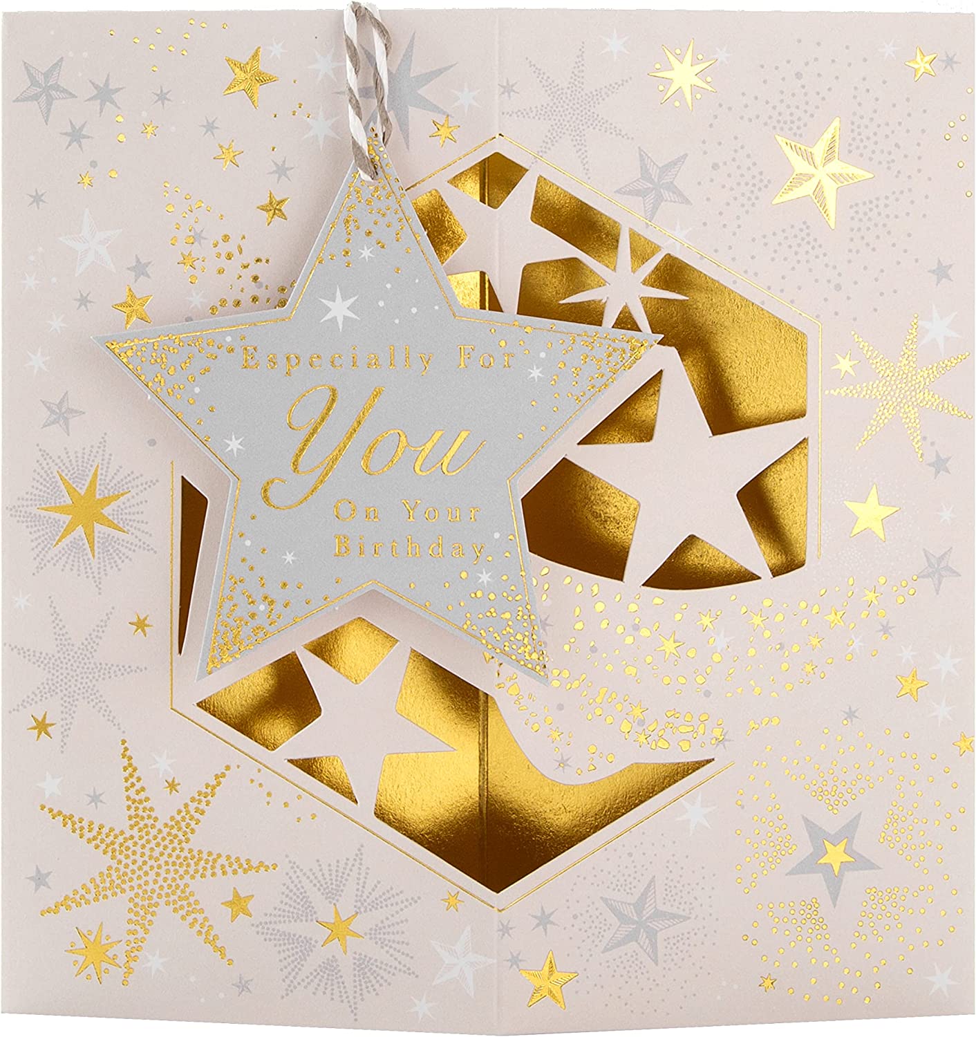 Hallmark 3D hanging star birthday greeting card with colorful star design and pop-up star decoration inside.