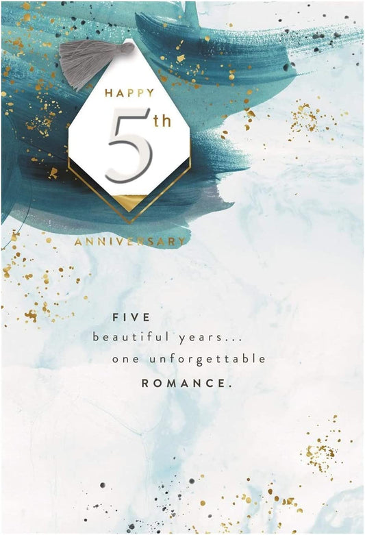 Hallmark 5th wedding anniversary greeting card with a 3D tag design, featuring elegant and festive details for celebrating love.
