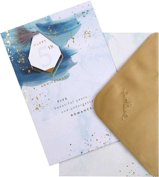 Hallmark 5th wedding anniversary greeting card with a 3D tag design, featuring elegant decorative elements and heartfelt message.