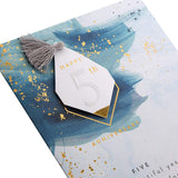 Hallmark 5th wedding anniversary greeting card with a 3D tag design, featuring elegant and festive decorative elements.