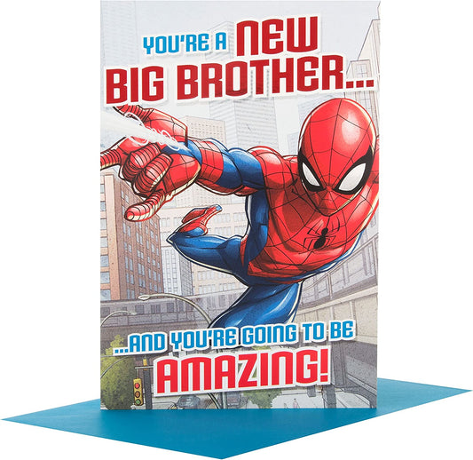 Hallmark Amazing Spider-Man baby brother greeting card featuring Spider-Man illustration and playful message for new brother.