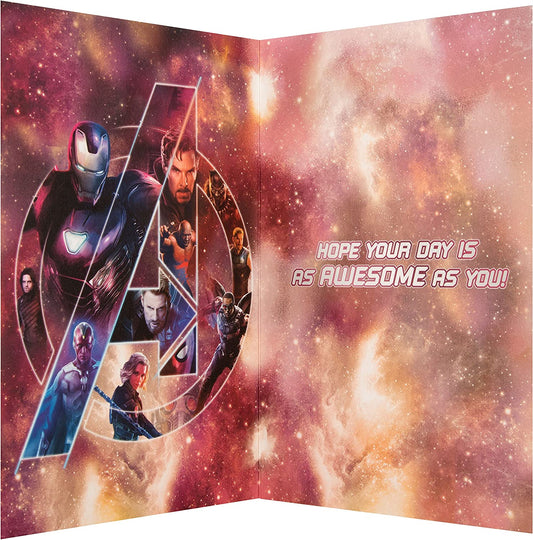 Avengers Infinity War foil birthday greeting card featuring Marvel superheroes with shiny metallic accents, by Hallmark.