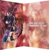 Avengers Infinity War foil birthday greeting card featuring Marvel superheroes with shiny metallic accents, by Hallmark.