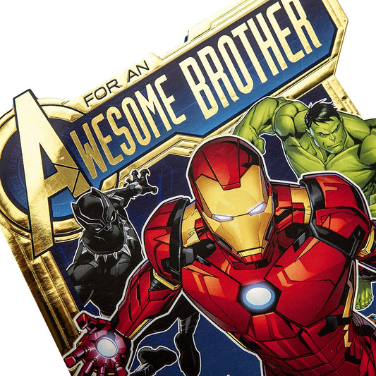 Hallmark Avengers Pop-Out Brother Birthday Card featuring superhero design and colorful artwork for celebrating a brother's birthday.