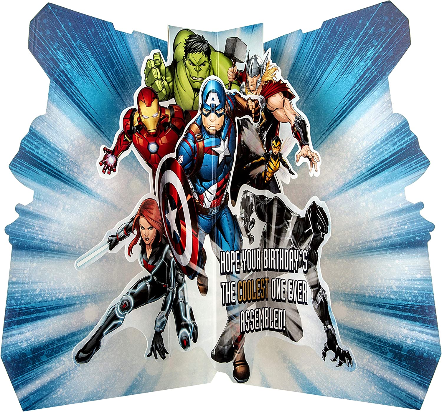 Hallmark Avengers Pop-Out Brother Birthday Card featuring Marvel superhero design and colorful, festive artwork.