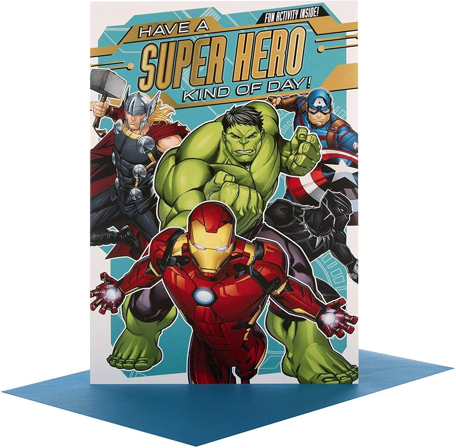 Avengers Super Hero Day Card by Hallmark featuring Marvel superheroes and vibrant comic-style artwork, perfect for greeting occasions.