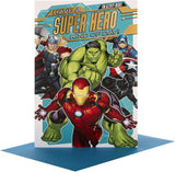 Avengers Super Hero Day Card by Hallmark featuring Marvel superheroes and vibrant comic-style artwork, perfect for greeting occasions.