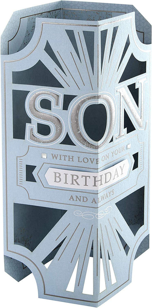 Hallmark birthday greeting card for son with classic laser cut 3D design, featuring intricate patterns and heartfelt message inside.