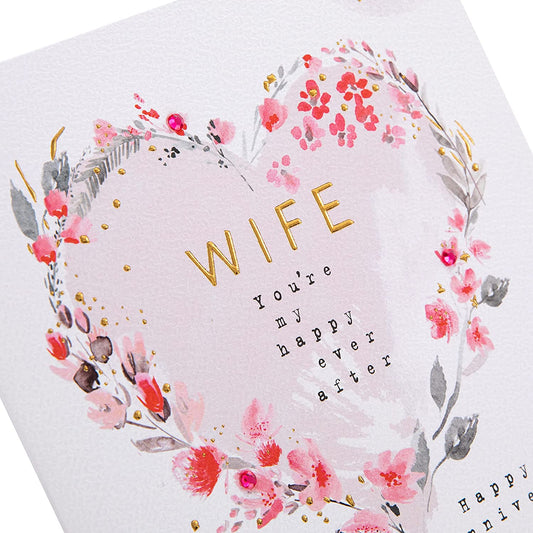 Hallmark contemporary floral heart anniversary greeting card for wife with colorful floral design and heartfelt message.