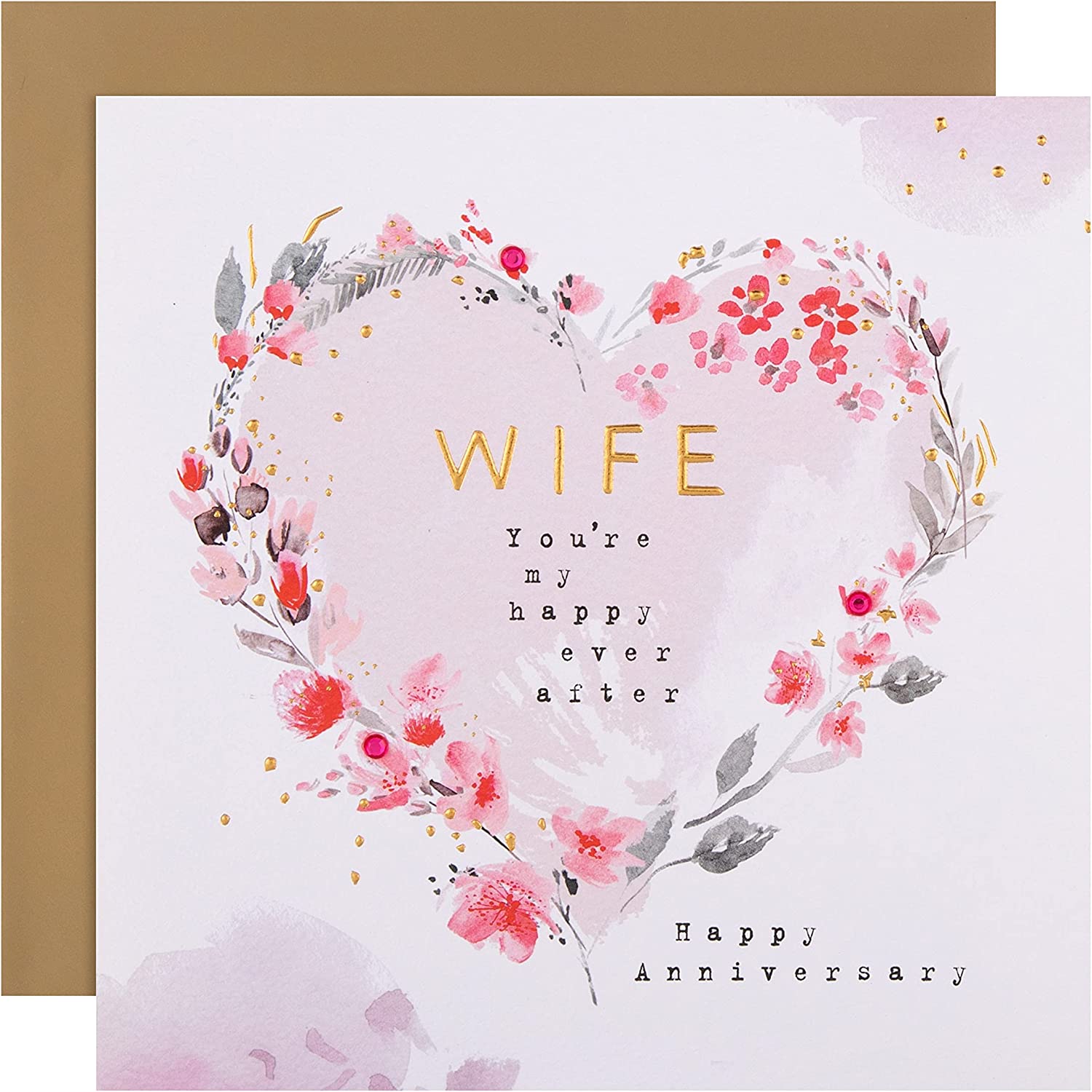 Hallmark contemporary floral heart anniversary greeting card for wife featuring vibrant floral design and heartfelt message.