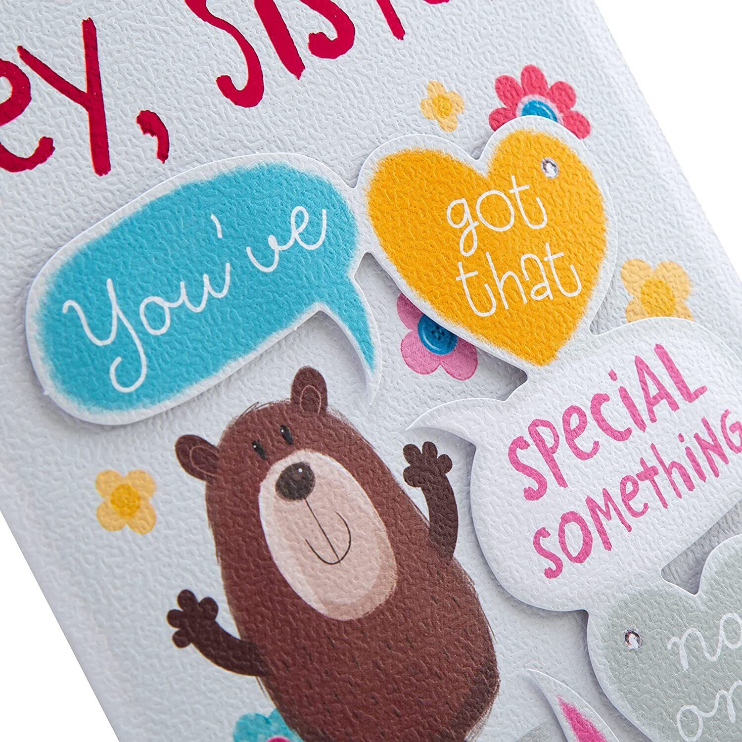 Hallmark Cute Sister Birthday Card featuring All About Gus design with colorful illustrations and heartfelt message for sisters.
