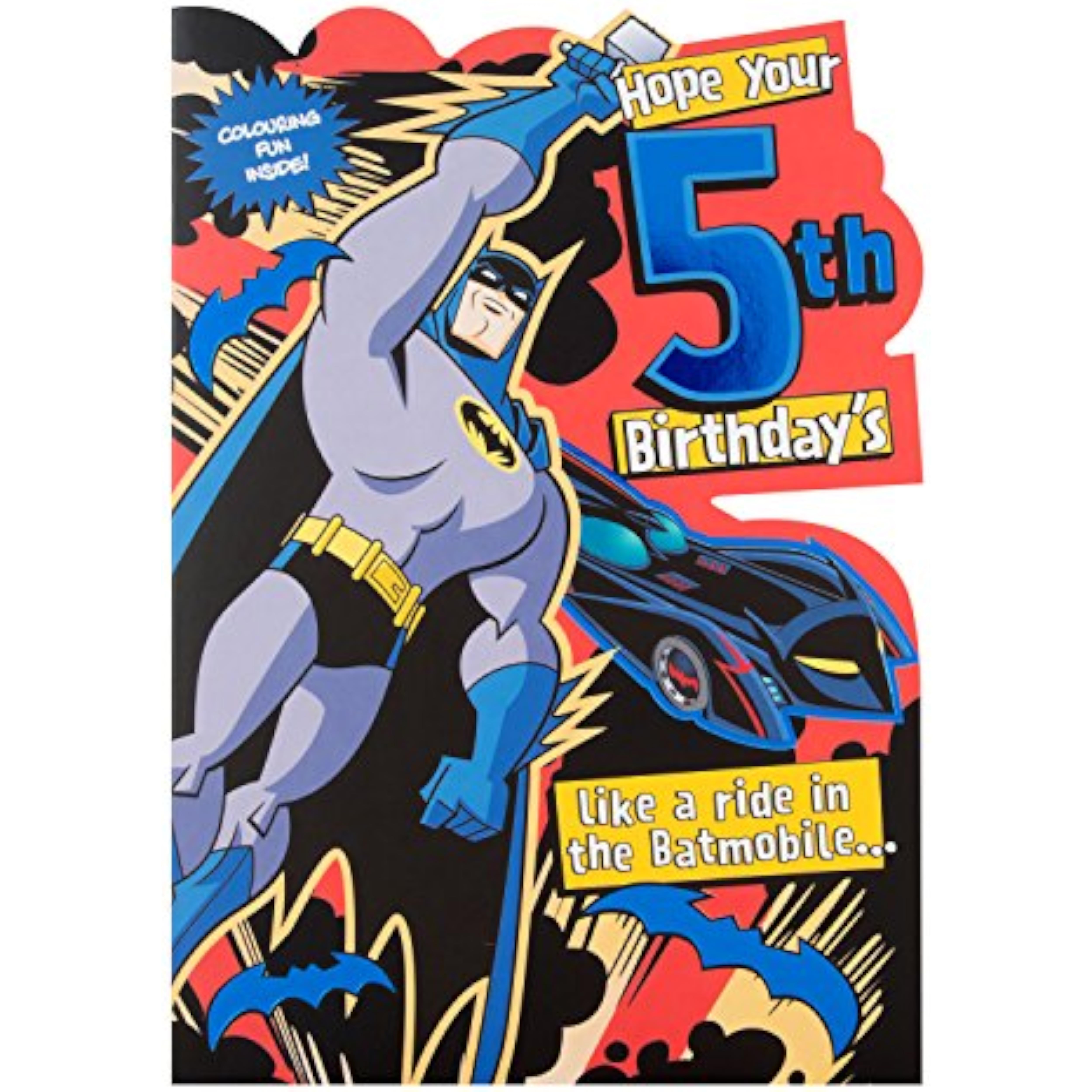 Hallmark DC Comics Batmobile 5th birthday greeting card with colorful Batmobile illustration for kids' birthday celebration.