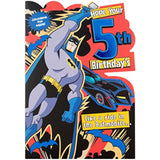Hallmark DC Comics Batmobile 5th birthday greeting card with colorful Batmobile illustration for kids' birthday celebration.