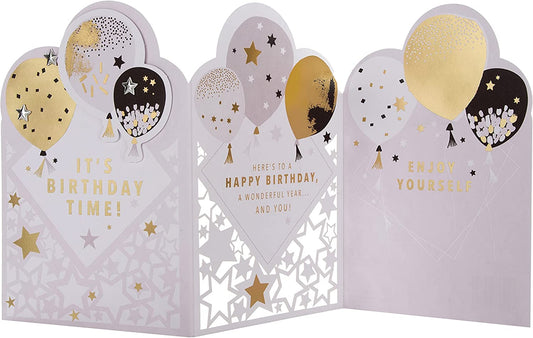 Hallmark die-cut metallic balloons birthday greeting card with colorful balloon illustrations and shiny finish.