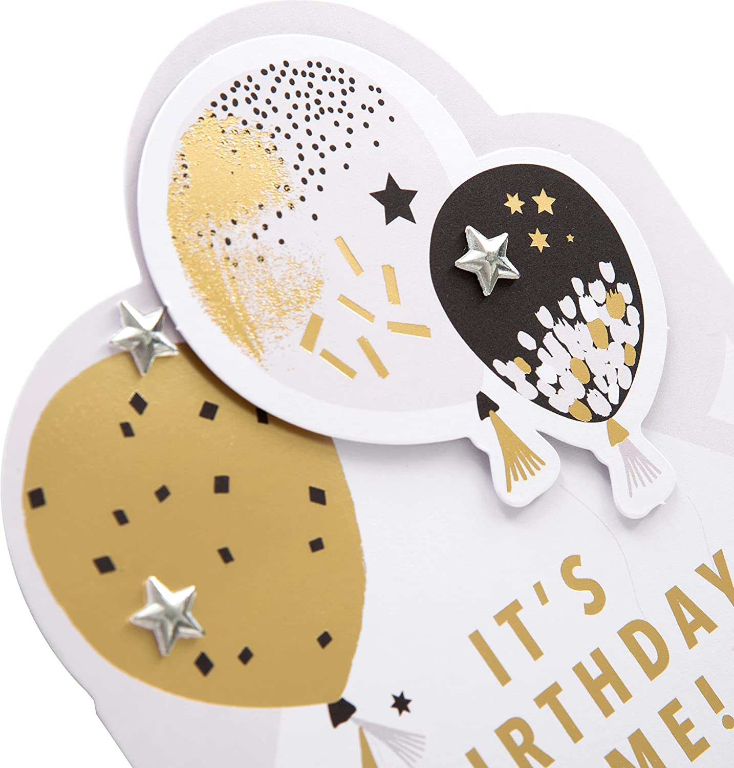 Hallmark Die-Cut Metallic Balloons birthday greeting card with colorful balloon illustrations and shiny metallic accents.