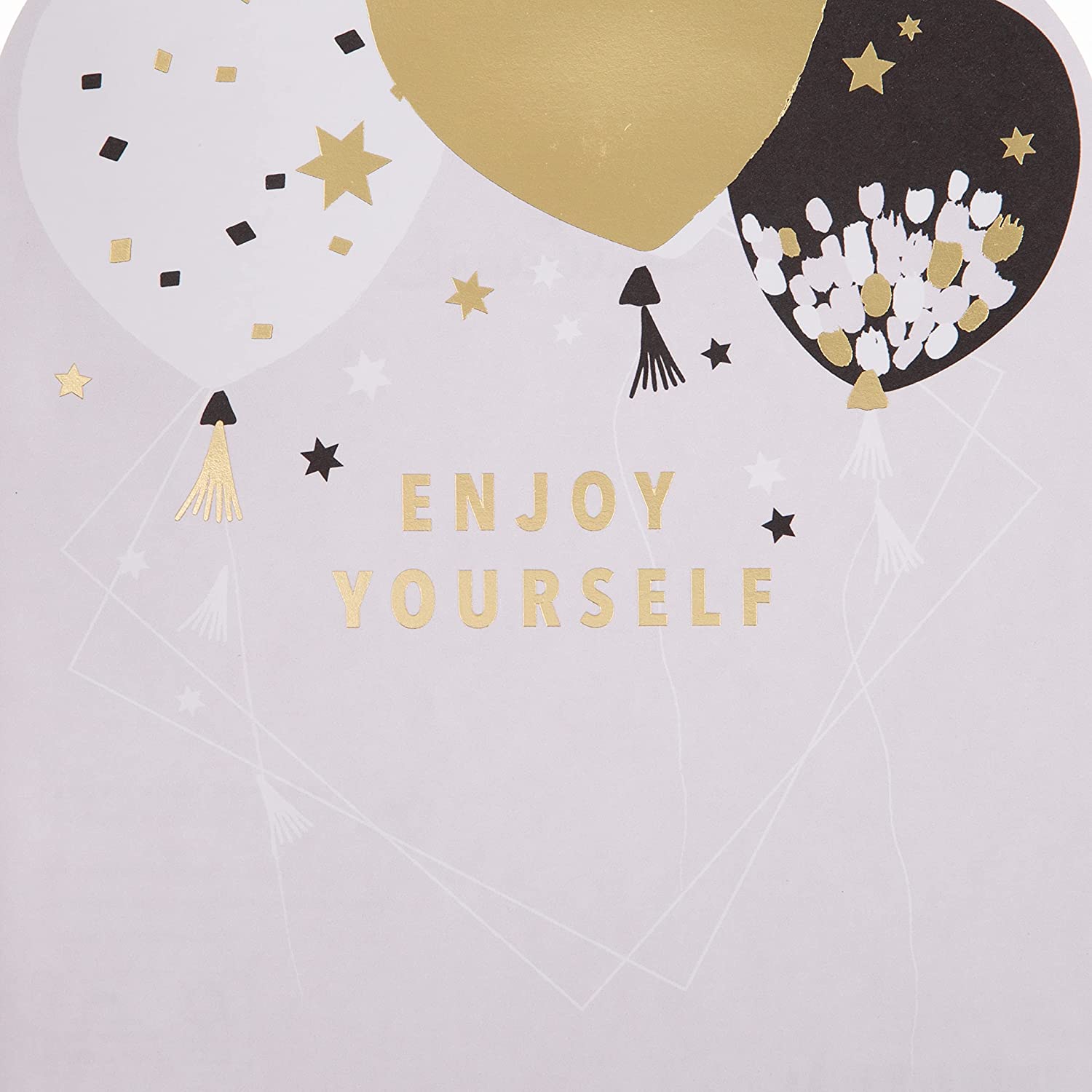Hallmark Die-Cut Metallic Balloons birthday greeting card with colorful balloon designs and shiny gold accents.