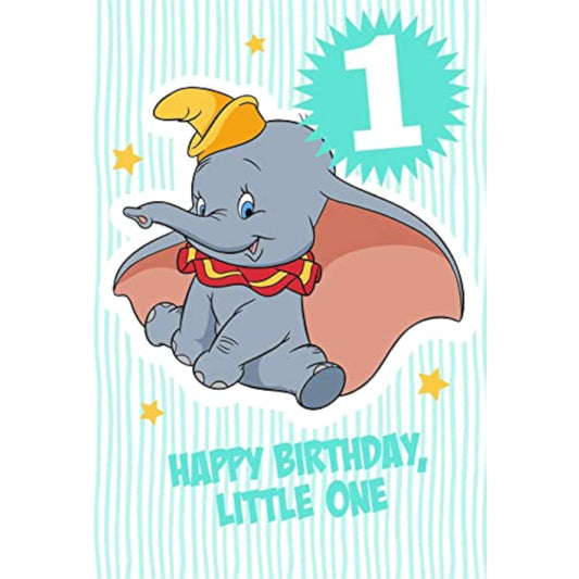 Hallmark Disney Dumbo first birthday greeting card featuring Dumbo the elephant with colorful birthday-themed design.