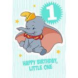Hallmark Disney Dumbo first birthday greeting card featuring Dumbo the elephant with colorful birthday-themed design.