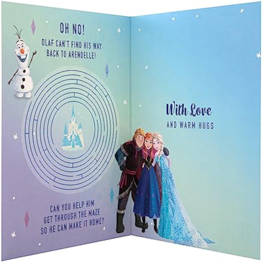 Hallmark Disney Frozen birthday greeting card for kids featuring Elsa and Anna with colorful winter-themed design